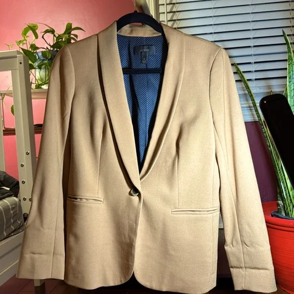 J. Crew Tan (brown) jacket w/pockets, inside lining is blue polka dot (see pics) - Picture 3 of 4